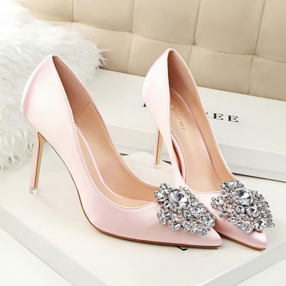 Big Tree Rhinestone Pointed Toe Satin High Heels - Like New Condition - Picture 2 of 11